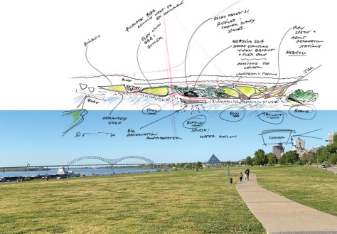Tom Lee Park-Conceptual Sketches . Photo prior to the redesign. 