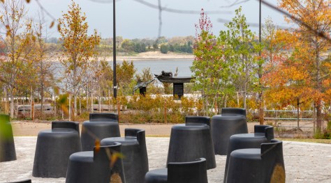 The view from A Monument to Listening to the site’s earlier memorial to Tom Lee and the Mississippi River beyond.