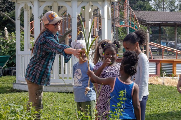Katie Taylor, the farmer manager of Easton Urban Farm, leads children through the garden Monday, June 30, 2025, in Easton as she identifies produce and explains its growing timeline and usage. Easton Urban Farm invited children ages 5-10 for a tour of the garden, an opportunity to pick raspberries and an art session to paint a gazebo. The nonprofit, which is connected to the Neighborhood Center's Food Pantry, supplies fresh produce to low-income families. (Oliver Lois Economidis/The Morning Call)