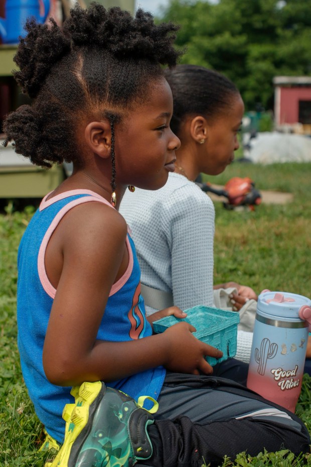 Children pick and eat raspberries Monday, June 30, 2025, at the Easton Urban Farm. The nonprofit, which supplies fresh produce to low-income families, invited children ages 5-10 for a tour of the garden, an opportunity to pick raspberries and an art session to paint a gazebo. (Oliver Lois Economidis/The Morning Call)