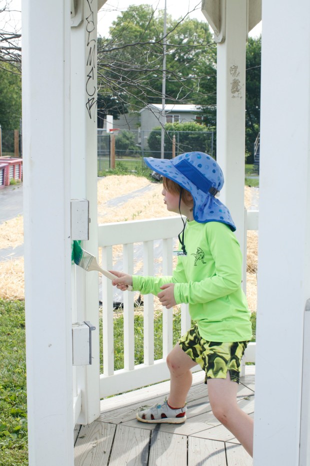 Children, staff and parents work together to paint the Easton Urban Farm's gazebo Monday, June 30, 2025. The nonprofit, which supplies fresh produce to low-income families, invited children ages 5-10 for a tour of the garden, an opportunity to pick raspberries and an art session to paint the gazebo. (Oliver Lois Economidis/The Morning Call)
