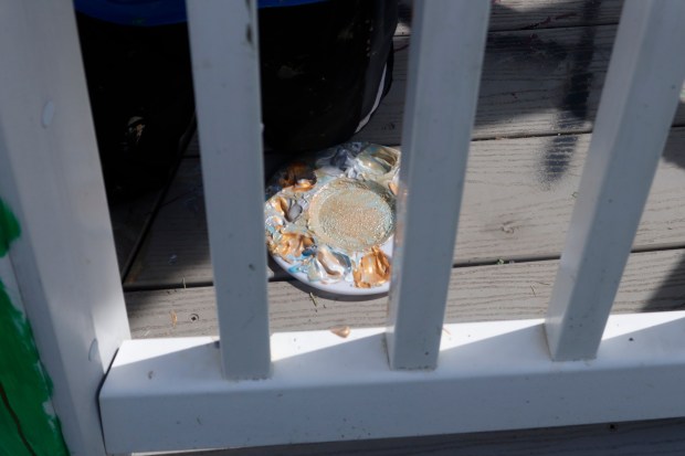 Children, staff and parents work together to paint the Easton Urban Farm's gazebo Monday, June 30, 2025. The nonprofit, which supplies fresh produce to low-income families, invited children ages 5-10 for a tour of the garden, an opportunity to pick raspberries and an art session to paint the gazebo. (Oliver Lois Economidis/The Morning Call)
