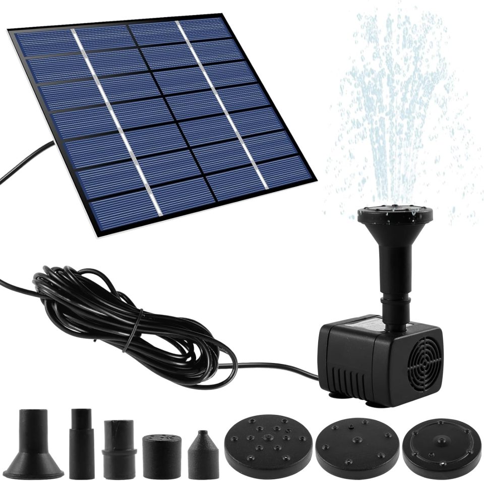 Solar-powered fountain pump with various nozzle attachments.