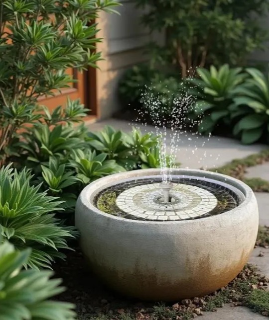 Cordless water fountain in a garden.