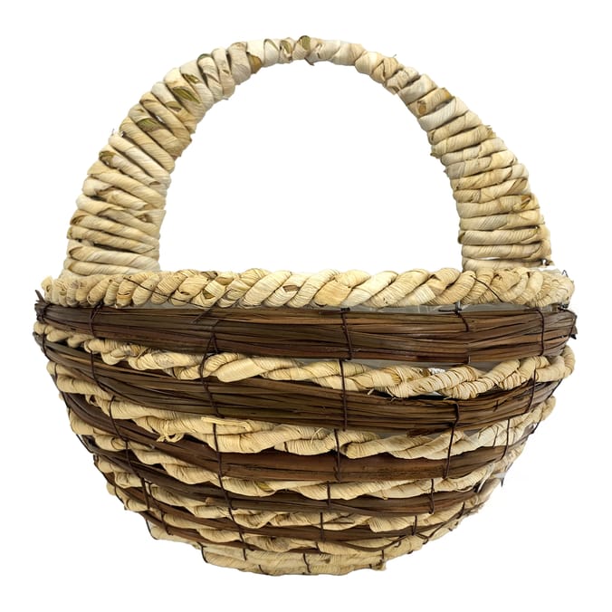 Brown and beige woven basket with a handle.