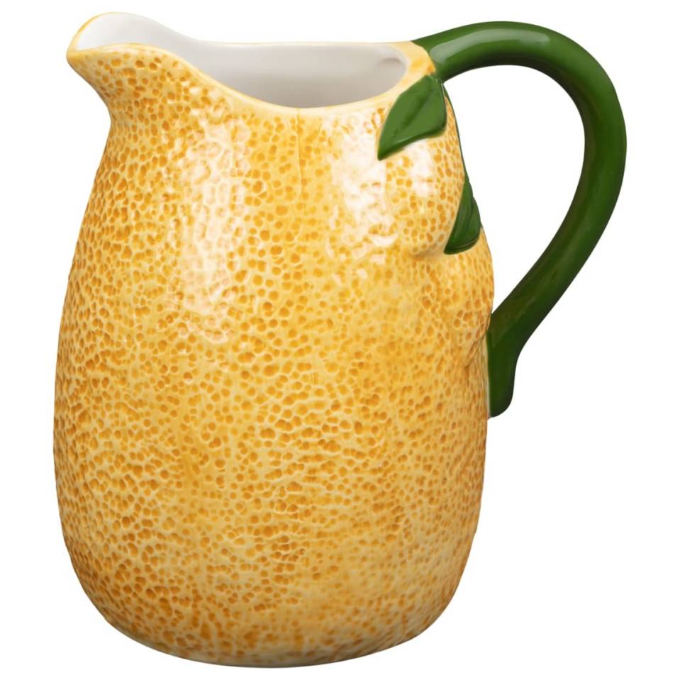 Lemon-shaped pitcher with green handle.
