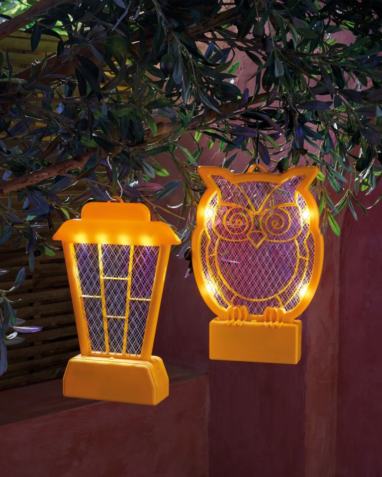 Two illuminated bug zappers shaped like a lantern and an owl.