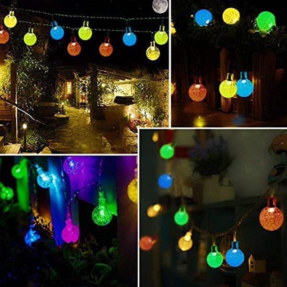 Collage of multicolored solar-powered globe string lights illuminating gardens and patios at night.