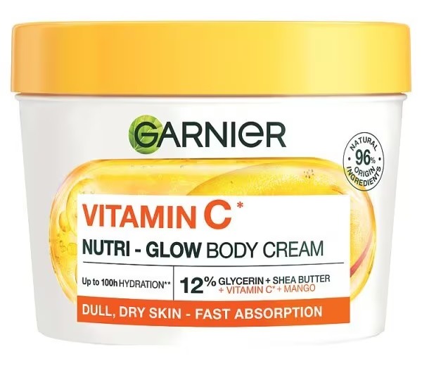 Garnier Vitamin C Nutri-Glow Body Cream jar.
