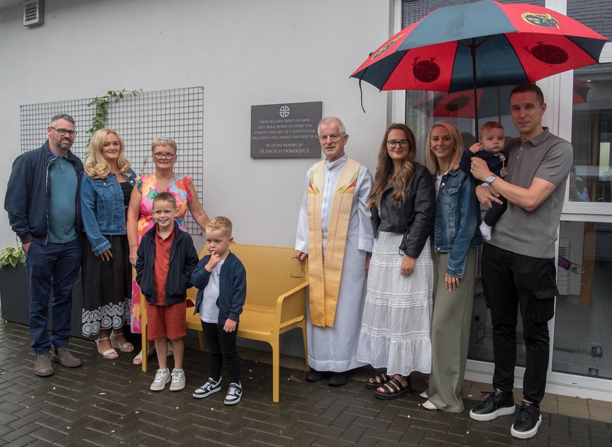 At the unveiling of a plaque and memorial garden in honour of Cahersiveen man Francie O'Donoghue were Brian Delve, Lisa O'Donoghue Delve, Mary O Donoghue, Frankie Delve,Brody McCarthy, Fr Larry Kelly, Casey O'Donoghue, Patricia O'Donoghue McCarthy, John McCarthy and Jamie McCarthy. Photo by Christy Riordan.