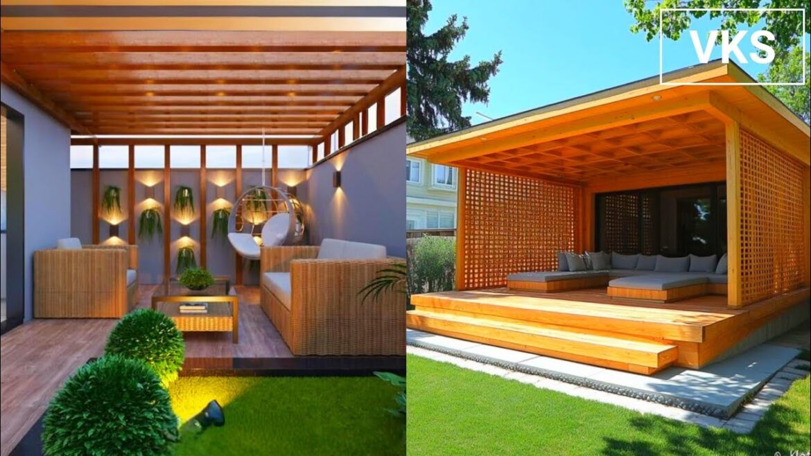 Modern Backyard Pergola Patio Design | Wooden Rooftop Terrace Pergola Garden Outdoor Seating Lights