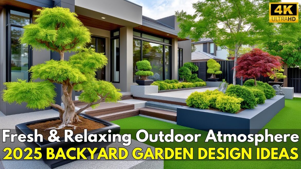 Modern Minimalist Backyard Zen Garden Design with a Combination of Bonsai Trees and Green Grass