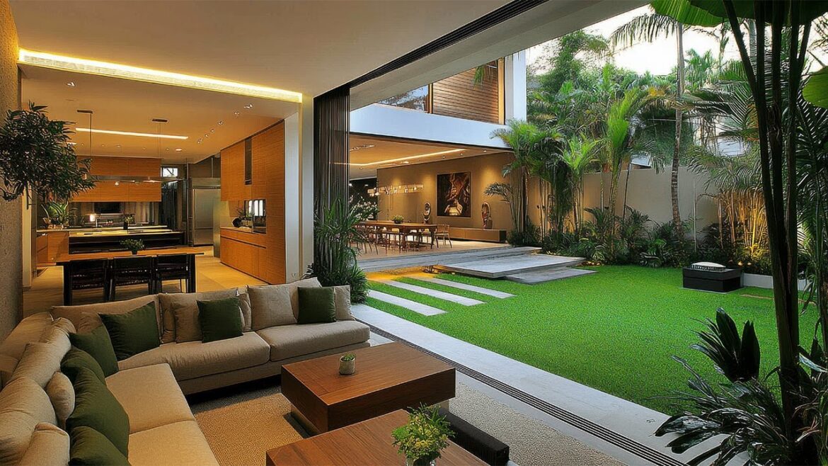 Seamless Indoor-Outdoor Luxury Living Room with Lush Backyard Garden for Modern Home