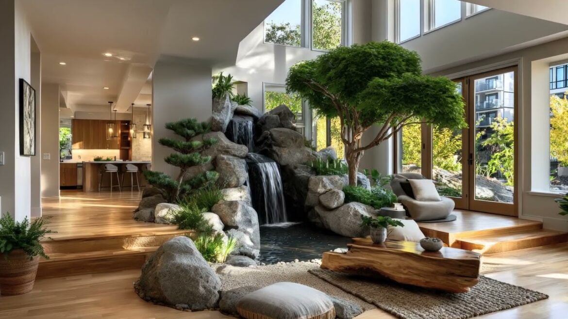 Trends 2025 : Tranquil Indoor Water Garden Design Ideas with Rocks, Pebbles, and Flowing Streams.