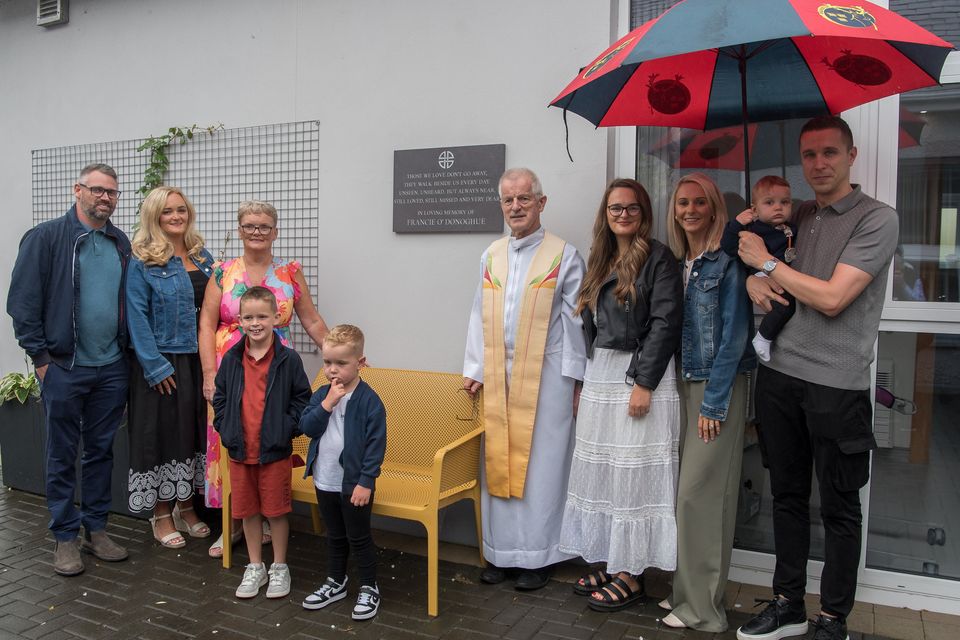 At the unveiling of a plaque and memorial garden in honour of Cahersiveen man Francie O'Donoghue were Brian Delve, Lisa O'Donoghue Delve, Mary O Donoghue, Frankie Delve,Brody McCarthy, Fr Larry Kelly, Casey O'Donoghue, Patricia O'Donoghue McCarthy, John McCarthy and Jamie McCarthy. Photo by Christy Riordan.