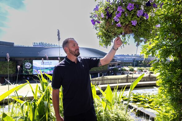 Head gardener Martyn inspects a hanging basket with the living wall behind Head gardener Martyn inspects a hanging basket with the living wall behind