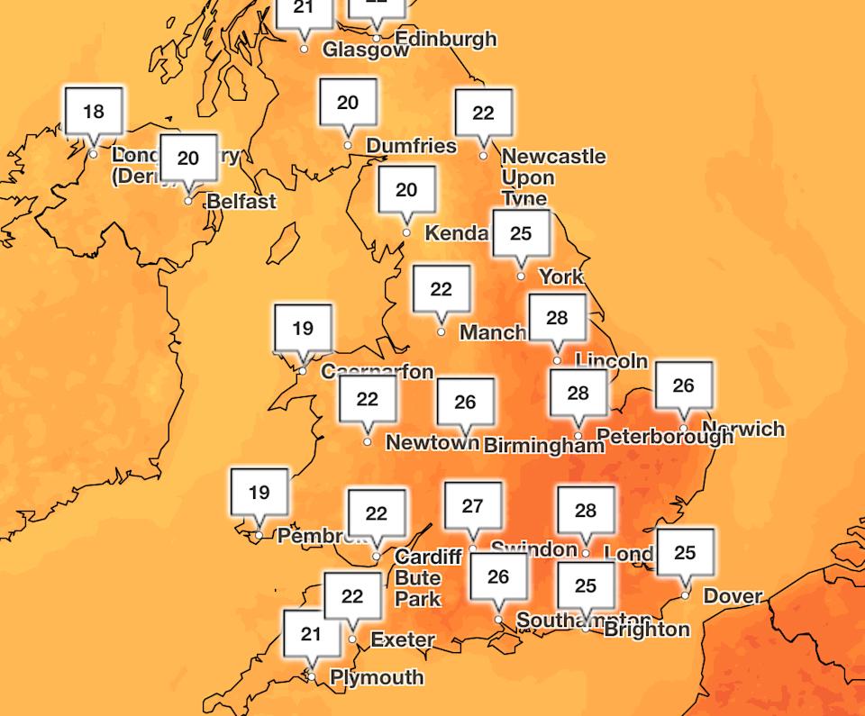 Temperatures will climb close to 30C in south-eastern areas on Friday afternoon. (Met Office)