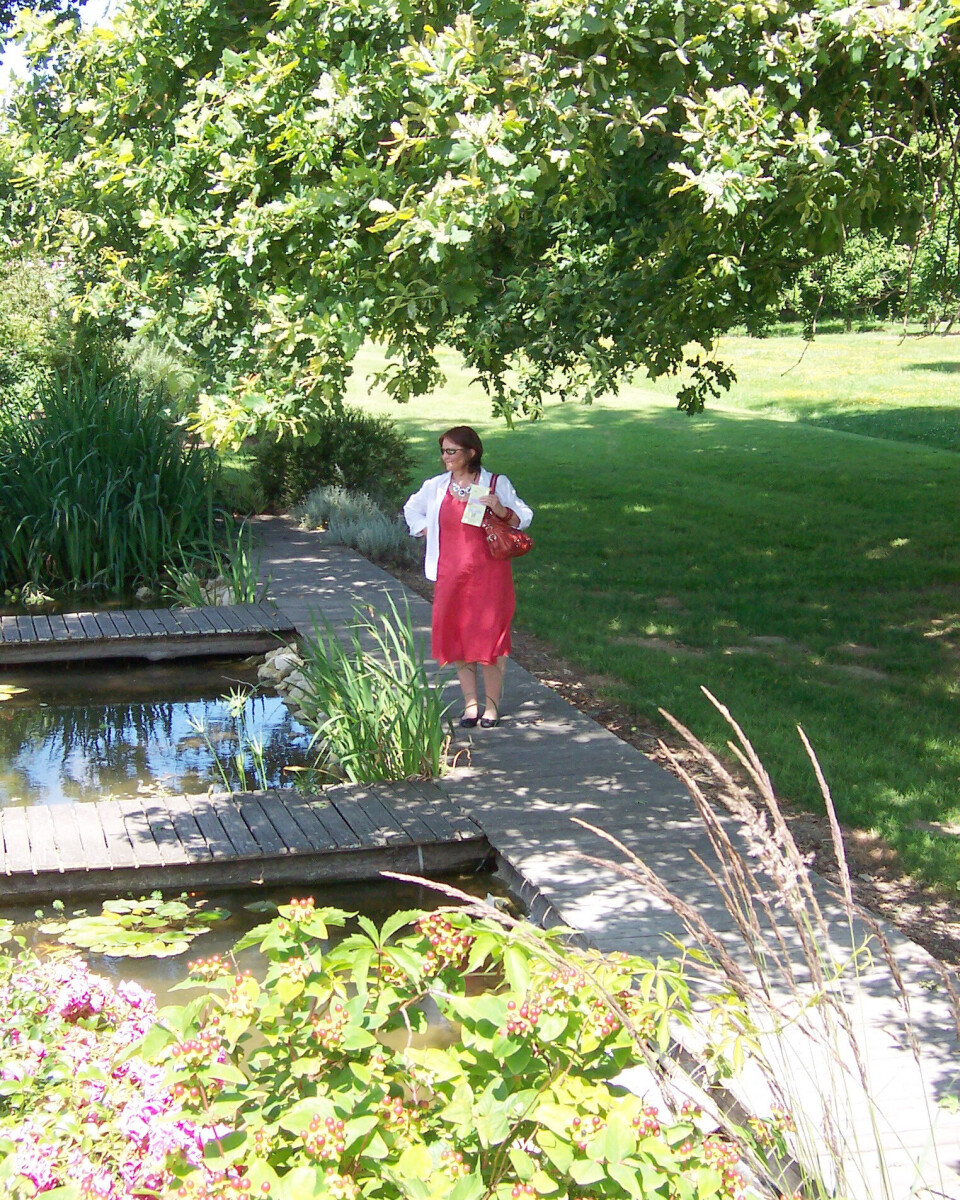 La Romieu A woman stands under a tree beside ponds