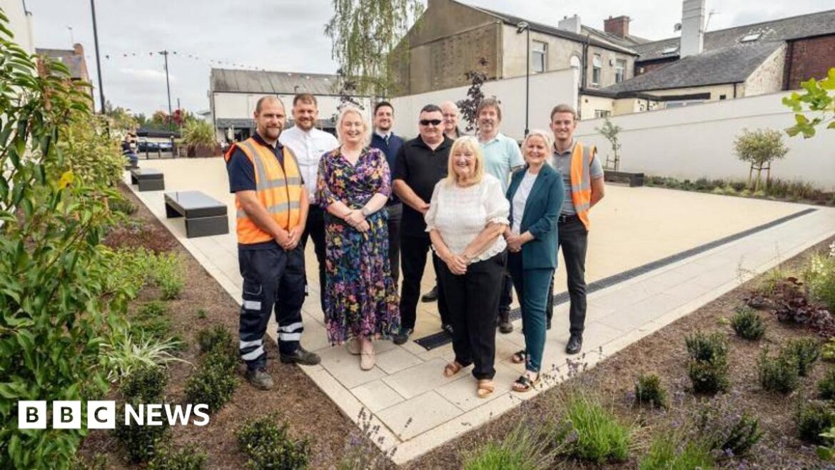 Spennymoor derelict land turned into community garden From left to right: Lee Calvert, David Bridgewater, Lyndsey Fox, Karl Monaghan, Billy Mcaloon, David Gillet, Liz Maddison, Steve Johnson, Julie Anson and Ethan Franks stand in a paved, square garden surrounded by houses and bushes.