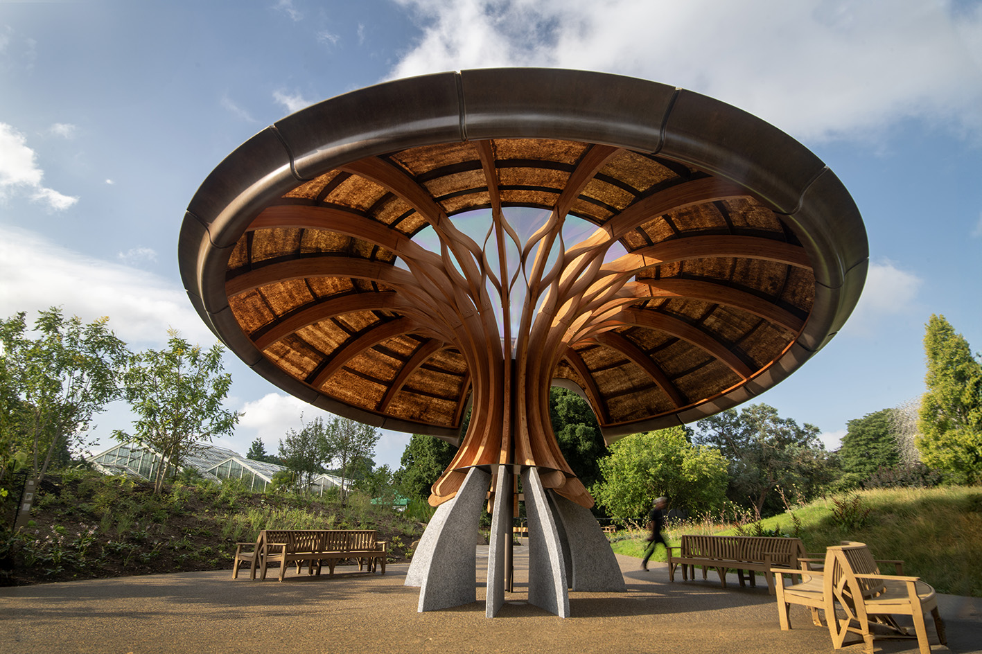 Carbon Garden at Kew Gardens, with mushroom shaped pavilion among flowers