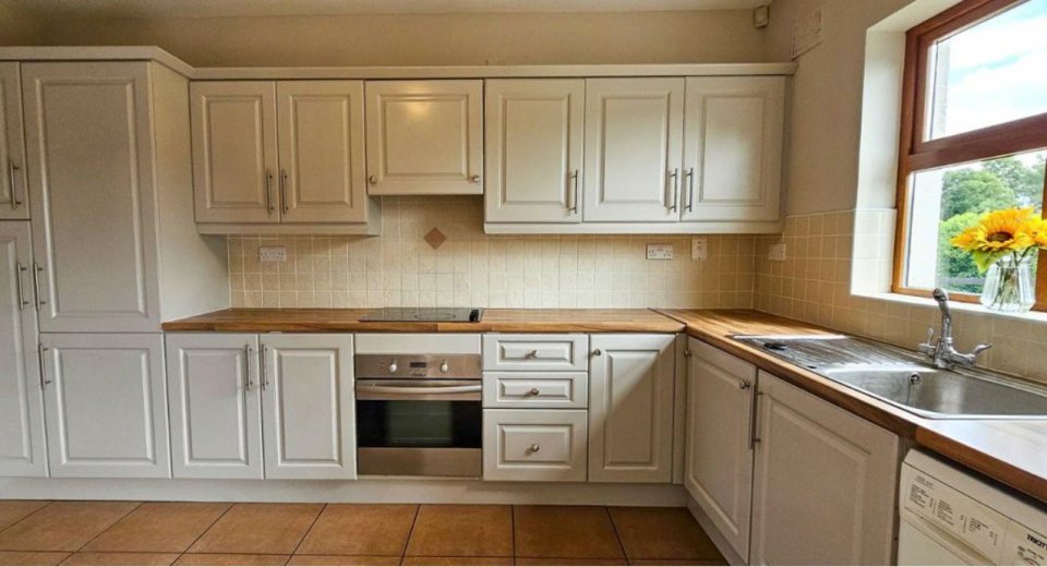 Kitchen with light beige cabinets, wood countertop, and stainless steel appliances.