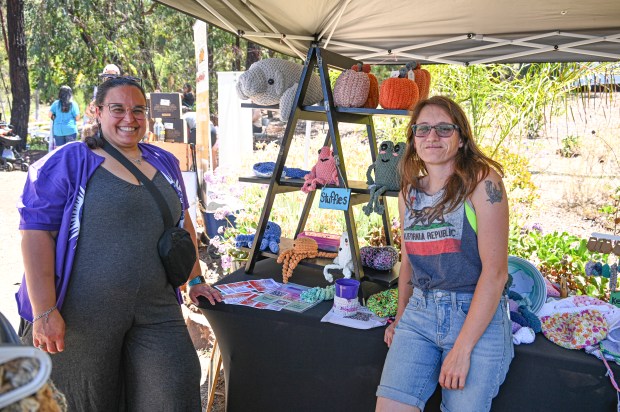 From left, Shelly Bloom, “In Stitches” artist/owner; and Lexzee Nickens,...