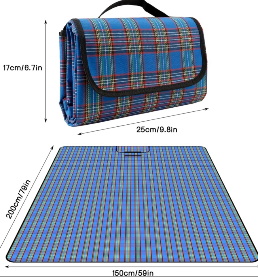 Illustration of a blue plaid picnic blanket showing dimensions of both the folded and unfolded versions.