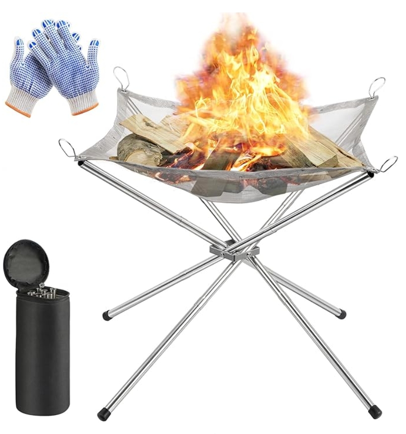 Portable fire pit with mesh sides, carrying case, and gloves.