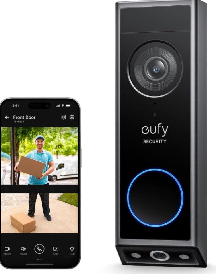 Smartphone displaying a live feed from a smart doorbell showing a delivery person, alongside the doorbell itself.