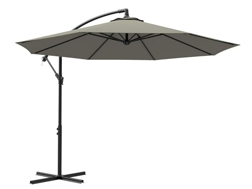 Gray cantilever patio umbrella.