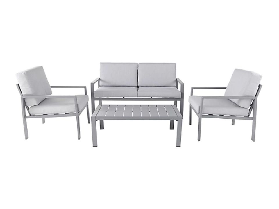Gray aluminum patio furniture set with loveseat and two chairs.