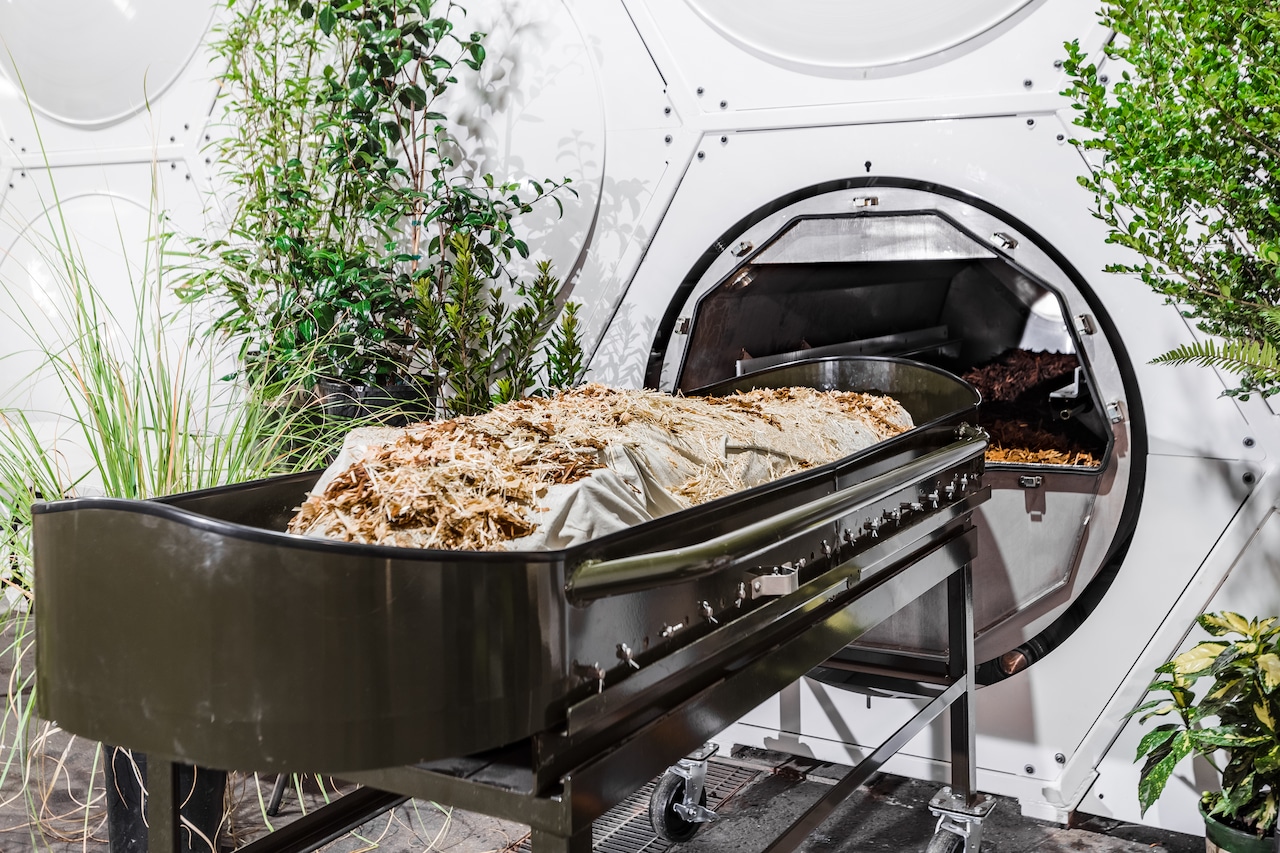 A dummy body is placed in a steel vessel with wood chips and other biodegradable material at Recompose's natural organic reduction facility in Seattle, Washington. The company's technology allows a body to naturally decompose and transform into soil over a 30-day period.