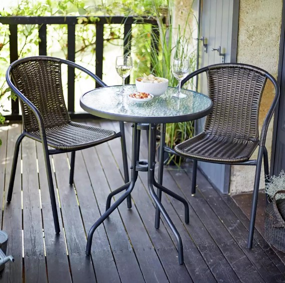 Brown rattan garden bistro set with glass-top table.
