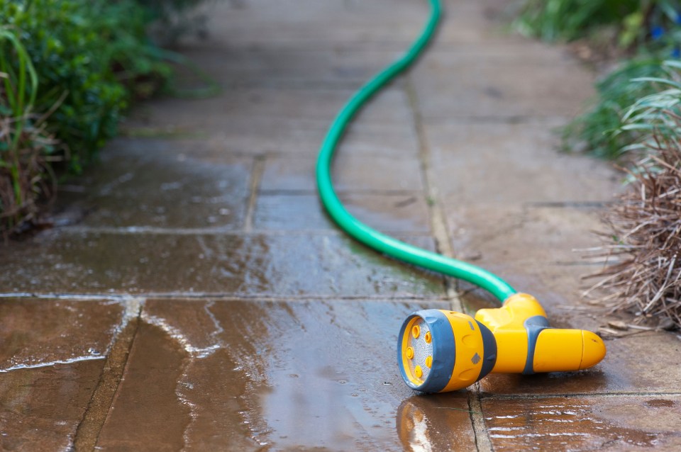 Garden hose and spray nozzle on wet patio.