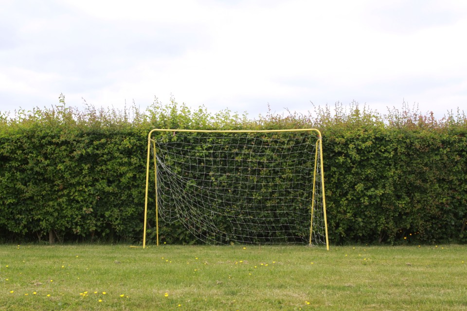 Yellow soccer goal in a garden.