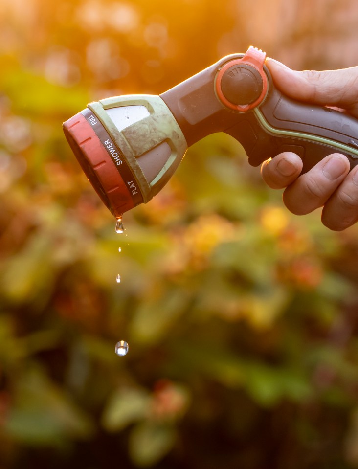 Person holding a garden hose nozzle with water dripping.