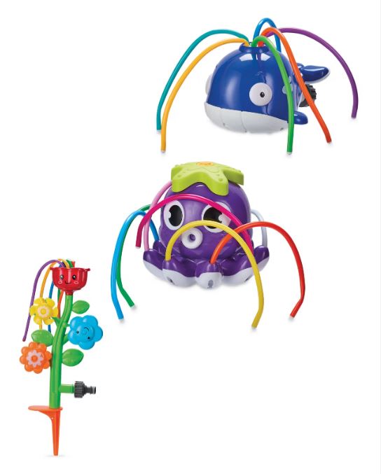 Three colorful garden sprinklers shaped like a whale, octopus, and flower.