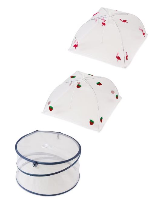 Three food covers: two collapsible dome shapes with flamingo and strawberry patterns, and one round collapsible cover.