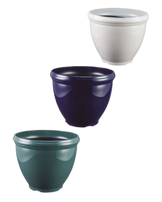 Three plastic planters in teal, dark blue, and white.