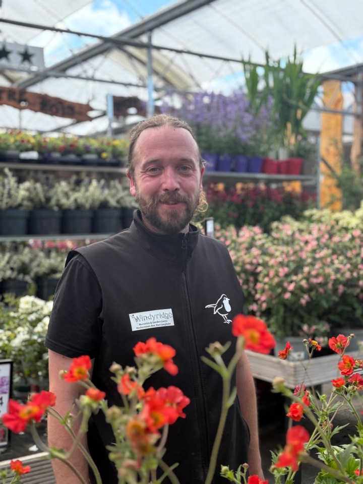 Man in a Windridge Nurseries vest standing among plants.