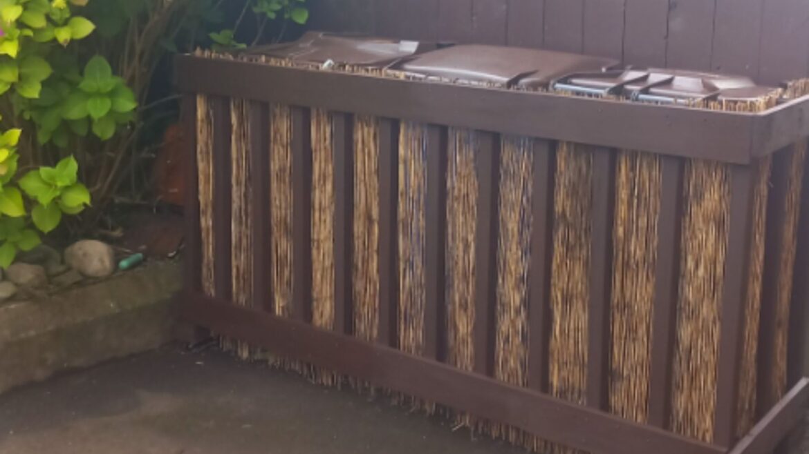 I was fed up of looking at my ugly bins but didn’t want to fork out £400 for a cover – so I made my own for a bargain £9 I was fed up of looking at my ugly bins but didn't want to fork out £400 for a cover - so I made my own for a bargain £9