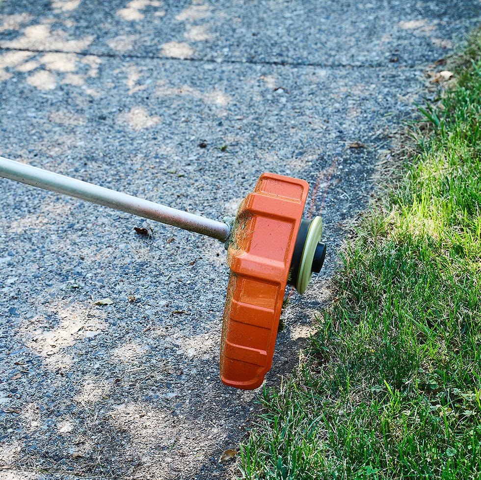 lawn trimmer positioned on the edge of a sidewalk next to grass