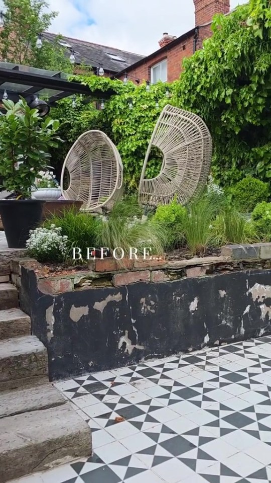 Before photo of a garden with two wicker chairs and a brick wall.