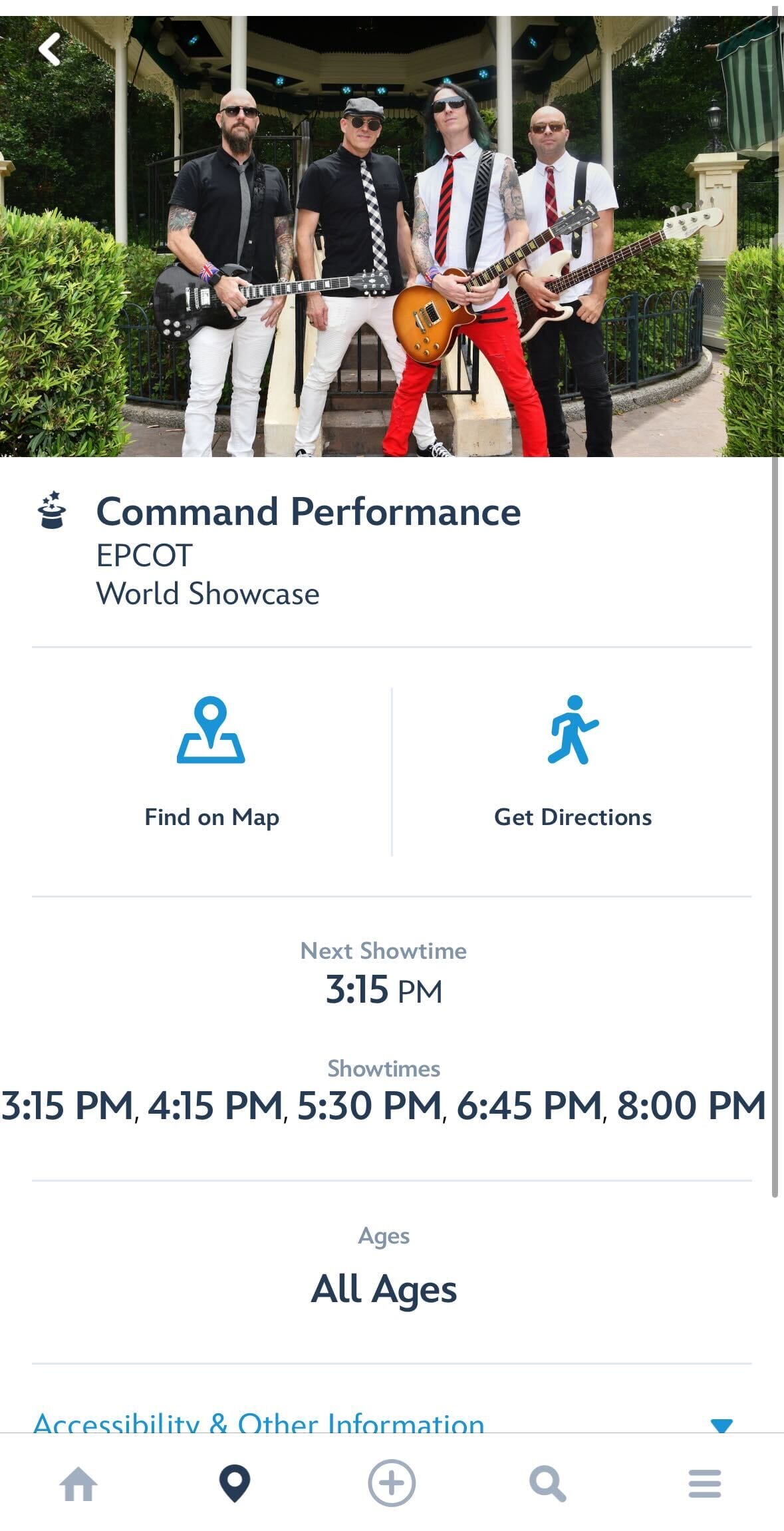 Four band members with instruments pose in front of a gazebo; event details for Command Performance at EPCOT are shown.