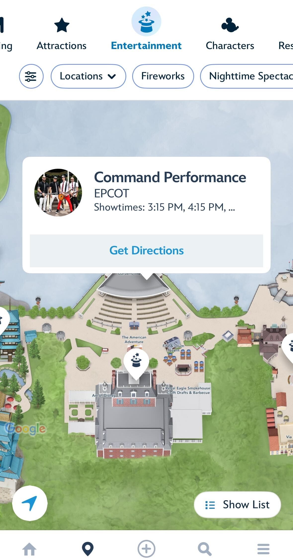 Screenshot of a Disney World app showing EPCOT’s “Command Performance” showtimes and directions on a map.