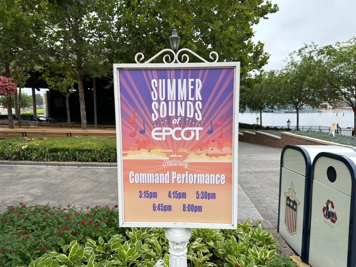 U.K. Pavilion’s Command Performance Band Moves to American Garden Theatre for Summer in EPCOT Four band members with instruments pose in front of a gazebo; event details for Command Performance at EPCOT are shown.
