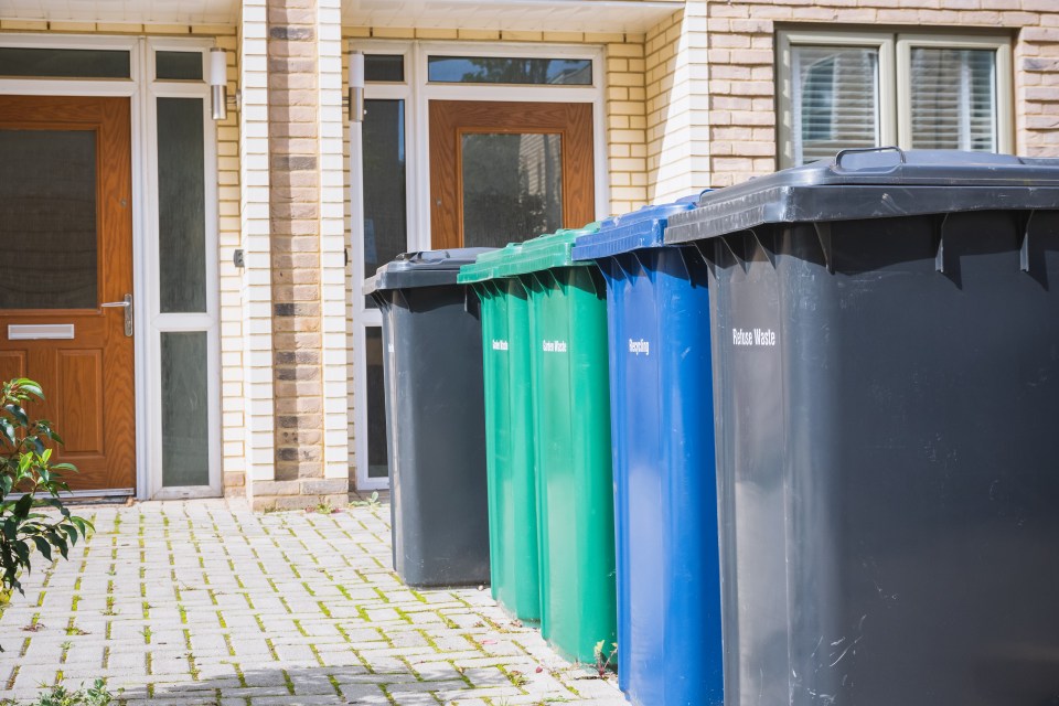 Wheelie bins for recycling, garden waste, and refuse outside residential doors.