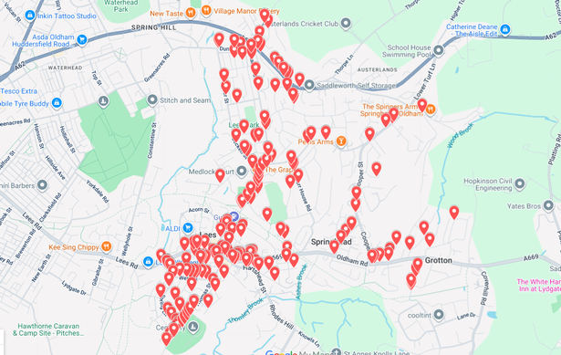 A map of most of the blocked gullies in Springhead, Lees and Grotton. 
