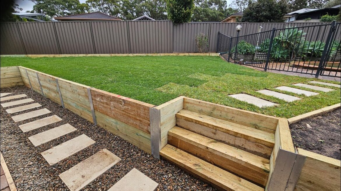 How to install sleeper retaining wall, large backyard landscaping ideas, retaining wall steel post