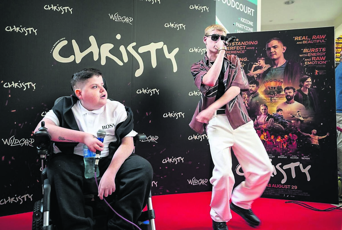 Jamie and Tiny from the Kabin Studio performing on the red carpet at the premiere of the Irish film Christy at the Omniplex at Mahon Point Shopping Centre. The performance added a powerful local voice to a red carpet celebration of community and creativity.	Picture: Chani Anderson
                